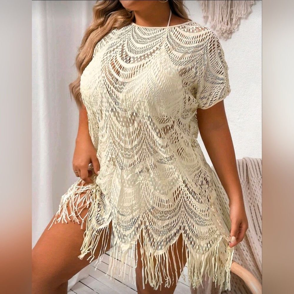 Shein Curve | Boho Fringe Open-Knit Coverup Dress | Beach Glam | XL